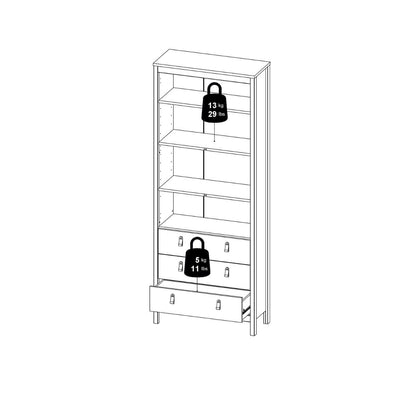 Line drawing of a cabinet with weights on shelves