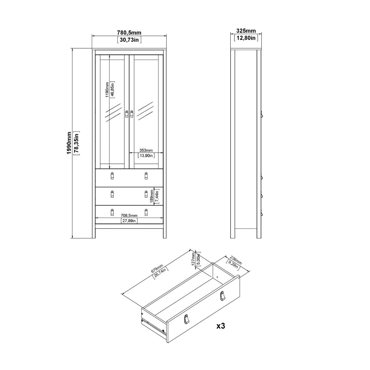 Technical dimension drawing of a tall storage cabinet with two glass doors, three drawers, and a separate storage box shown separately, with measurements in millimeters and inches on a white background.