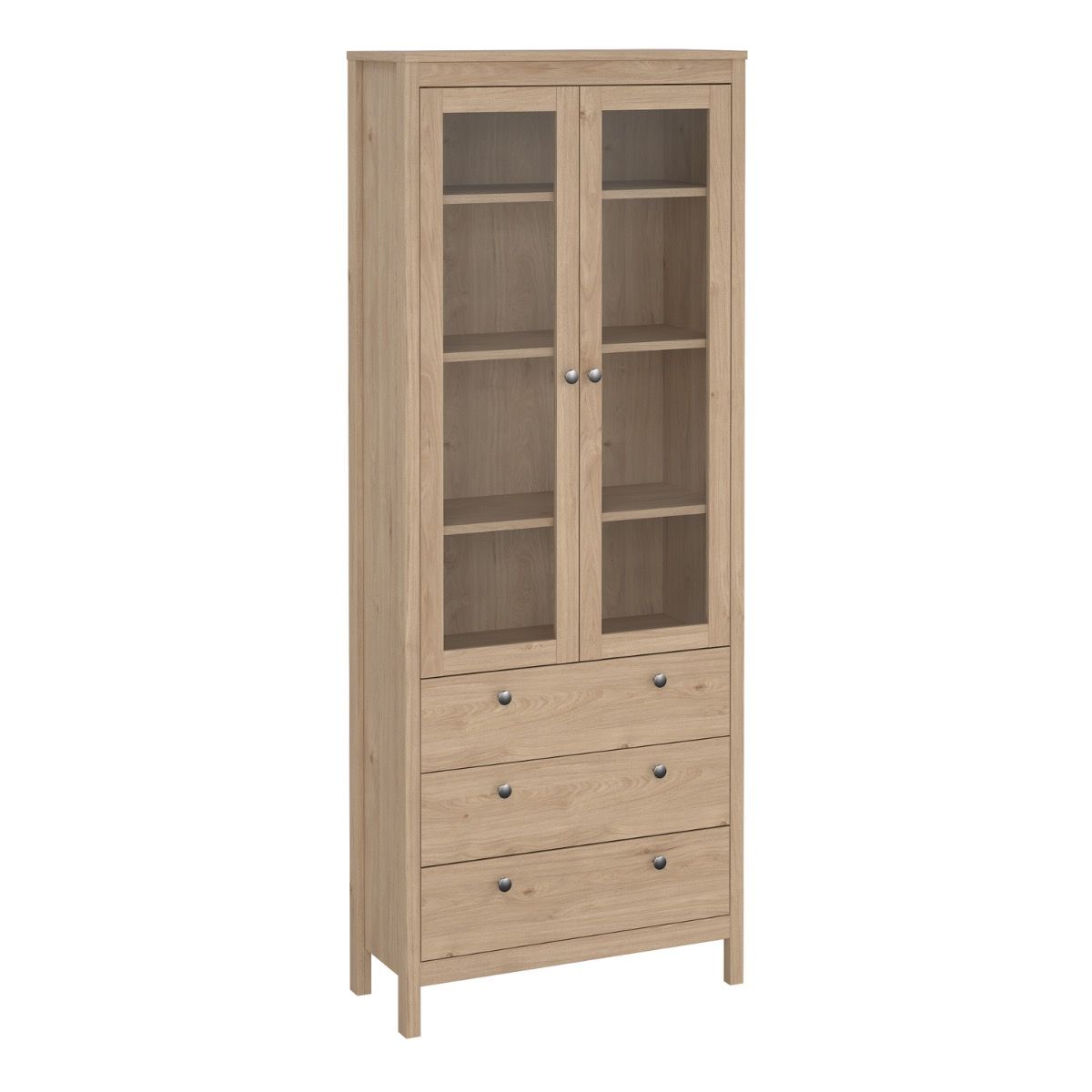 A brown light oak Madrid cabinet with two glass doors, three drawers and three shelves on a white background