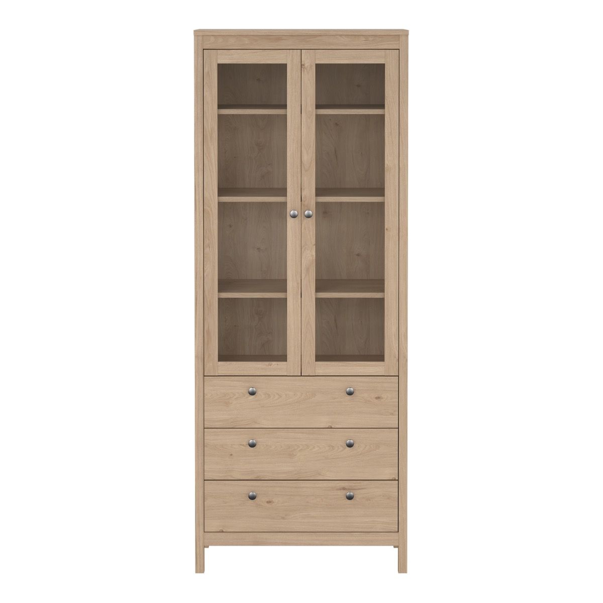 Front view of a brown light oak Madrid cabinet with two glass doors, three drawers and three shelves on a white background