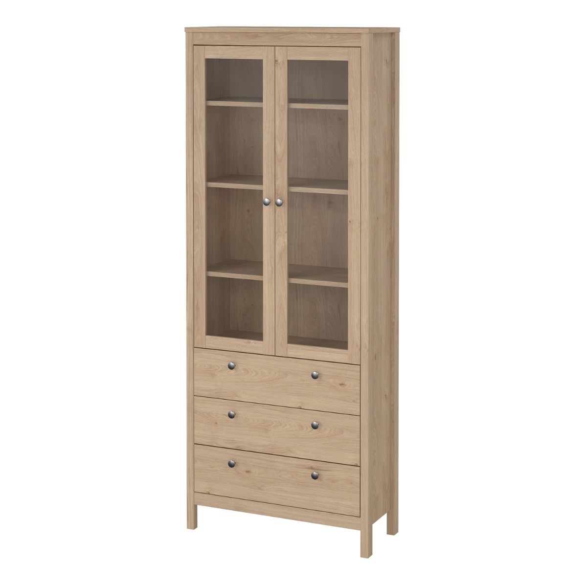 A brown light oak Madrid cabinet with two glass doors, three drawers and three shelves on a white background