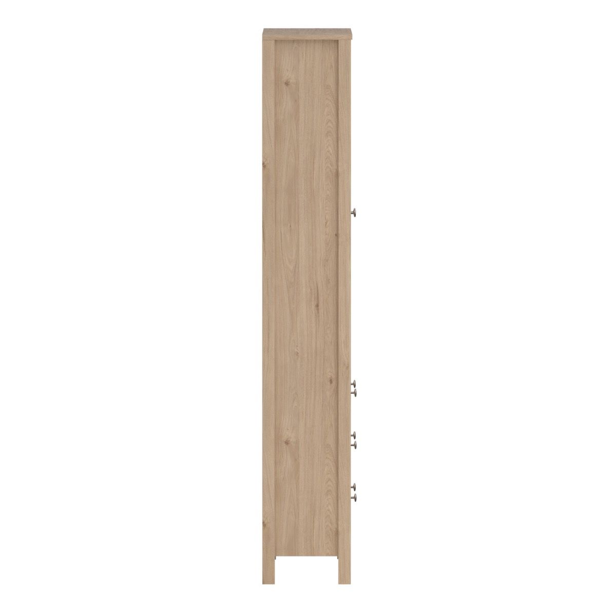 Side view of a brown light oak Madrid cabinet with two glass doors, three drawers and three shelves on a white background