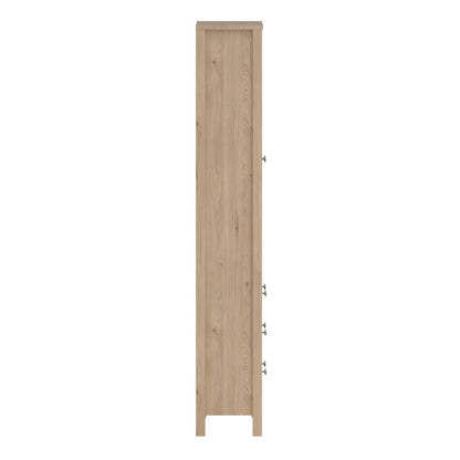 Side view of a brown light oak Madrid cabinet with two glass doors, three drawers and three shelves on a white background