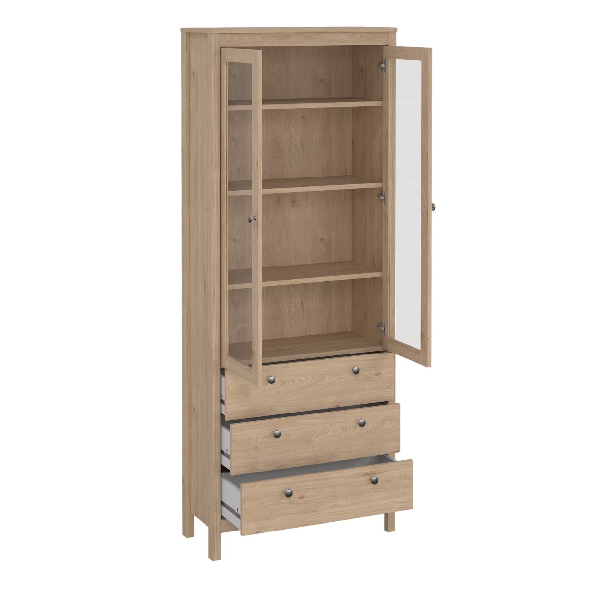 A brown light oak Madrid cabinet with two open glass doors, three open drawers and three shelves on a white background