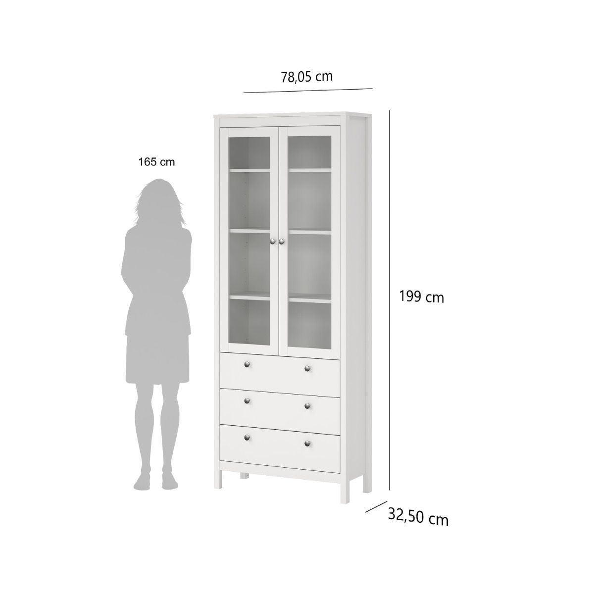 Madrid White Display Cabinet With 2 Glass Doors And 3 Drawers