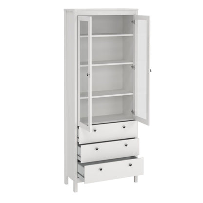 Madrid White Display Cabinet With 2 Glass Doors And 3 Drawers