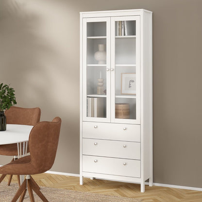 Madrid White Display Cabinet With 2 Glass Doors And 3 Drawers