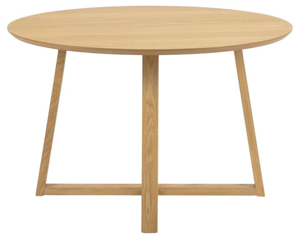 A round dining table made of light natural wood, featuring a smooth circular tabletop and three angled legs connected by a lower crossbar, shown against a plain white background.
