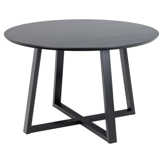 Round black oak dining table with a cross wooden base and a lacquered finish.
