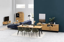 Load image into Gallery viewer, Modern living room with furniture including a sofa, TV stand, and dining table.
