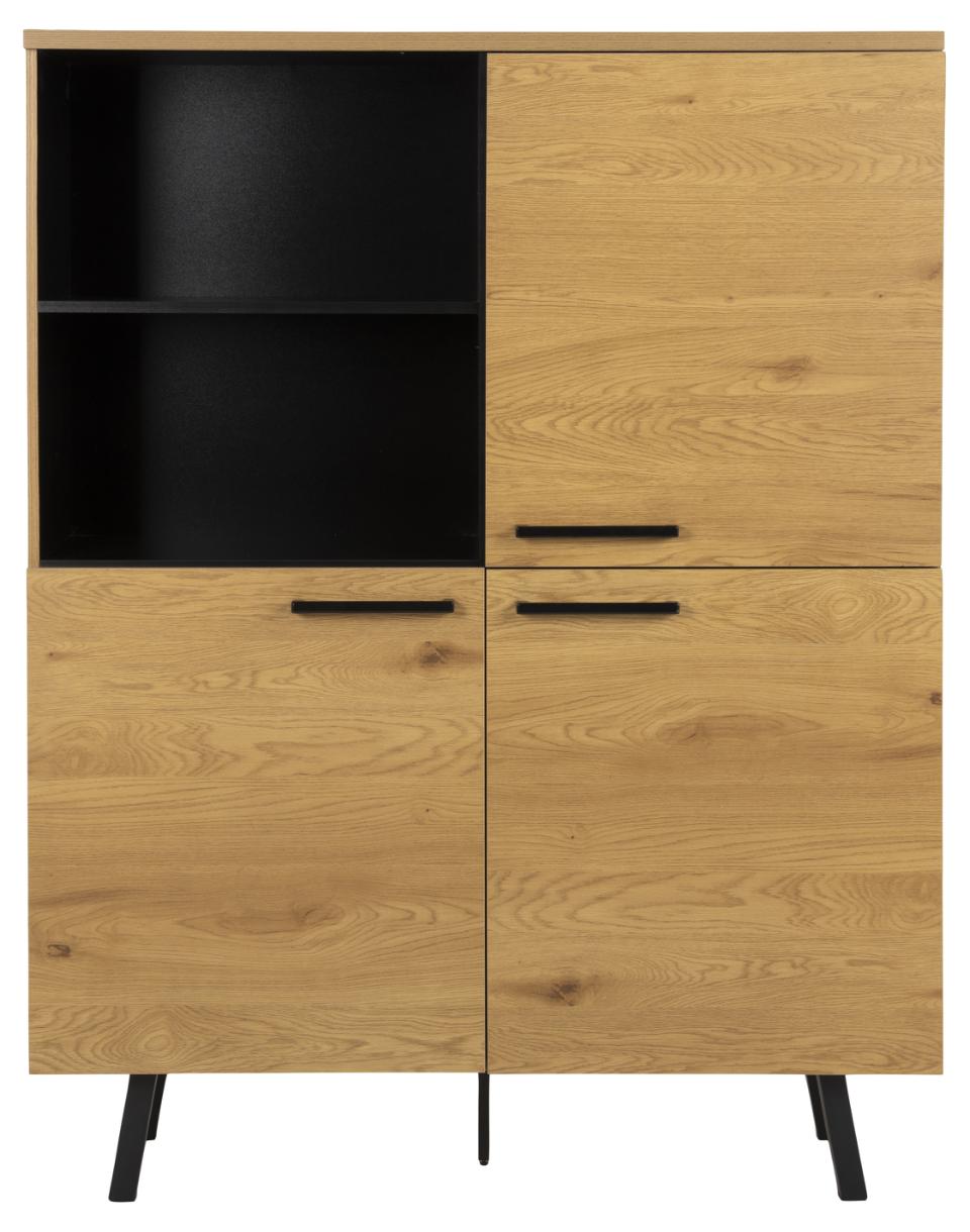 A modern wooden cabinet with a light oak finish, featuring two doors on the lower half, two drawers on the right, an open shelf on the left, and black metal legs and handles.