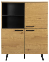 Load image into Gallery viewer, A modern wooden cabinet with a light oak finish, featuring two doors on the lower half, two drawers on the right, an open shelf on the left, and black metal legs and handles.
