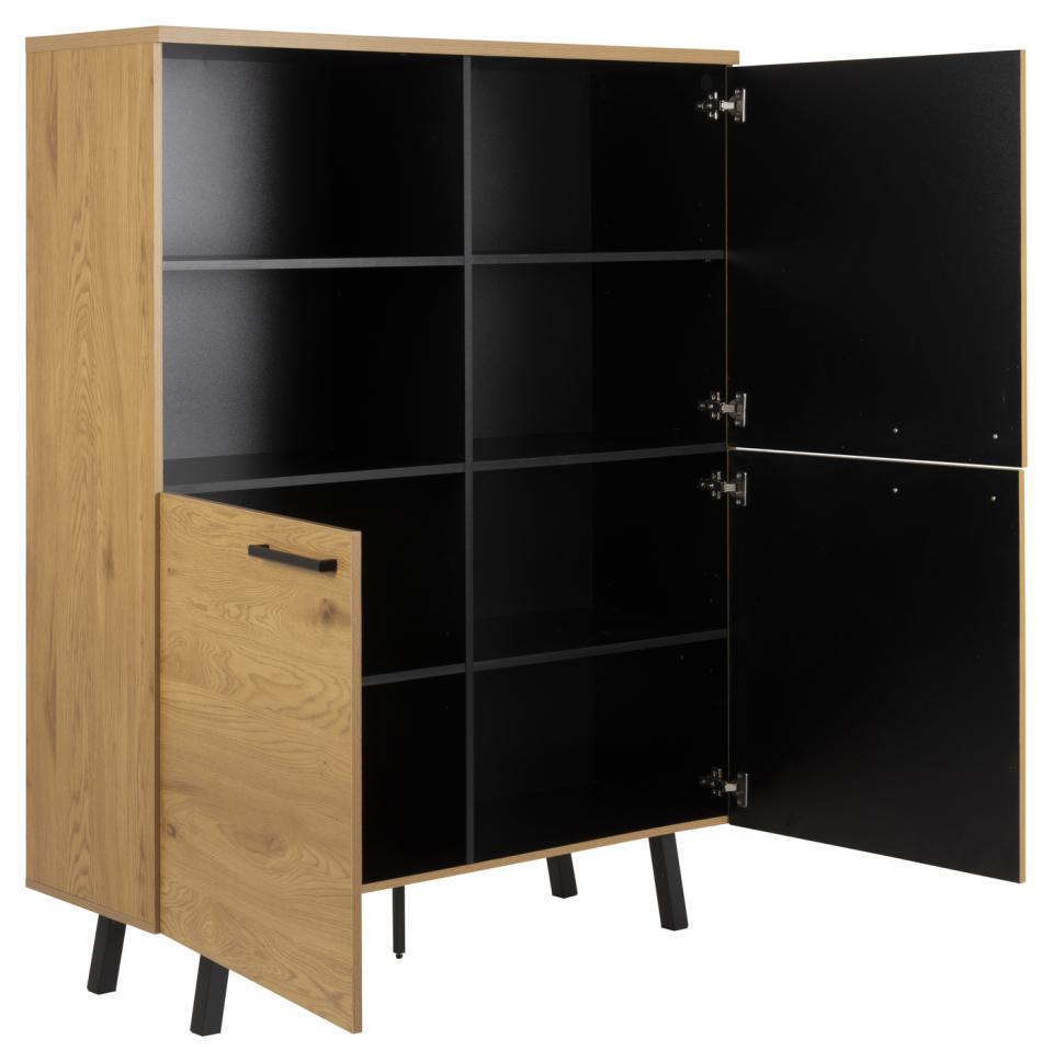 A modern wooden storage cabinet with a light oak finish and black interior shelves, shown with one door open to reveal the storage compartments.