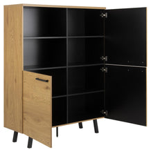 Load image into Gallery viewer, A modern wooden storage cabinet with a light oak finish and black interior shelves, shown with one door open to reveal the storage compartments.
