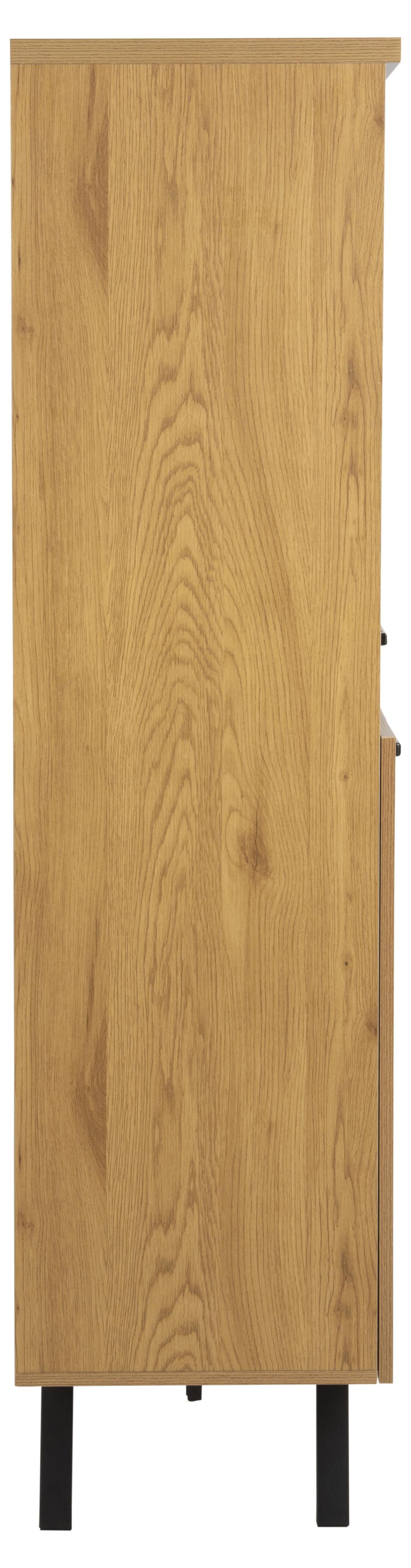 A tall wooden cabinet or storage unit with a light oak wood grain finish and black metal legs, shown against a plain white background.