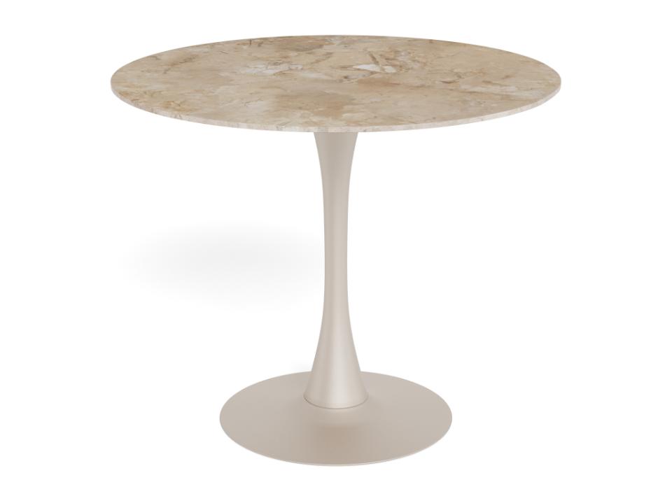 A modern round dining table with a beige marble-patterned top and a sleek, tapered pedestal base in a light cream finish, shown on a plain white background.
