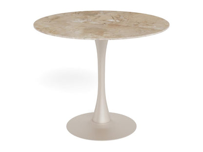 A modern round dining table with a beige marble-patterned top and a sleek, tapered pedestal base in a light cream finish, shown on a plain white background.
