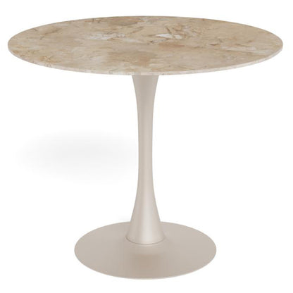A modern round Malta dining table with a beige marble-patterned top and a flared pedestal base in a light cream finish, shown on a white background.