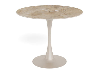 A modern round dining table with a light beige marble-patterned top and a matching tapered pedestal base, shown on a plain white background.