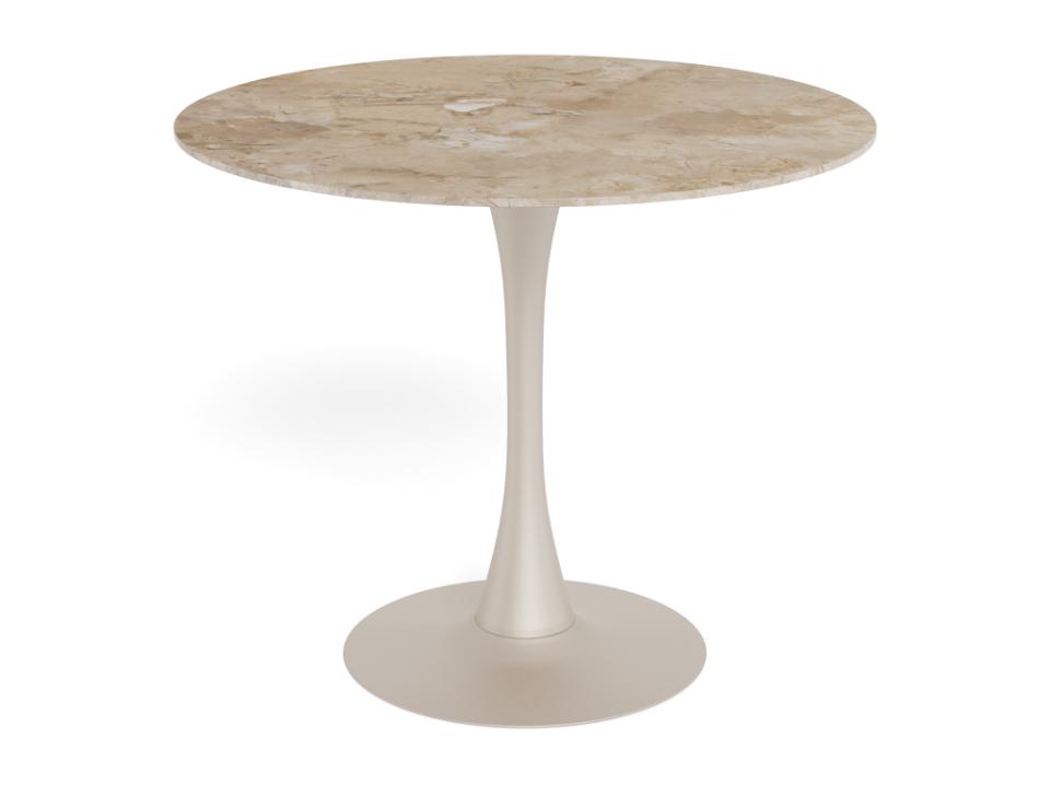 A modern round pedestal table with a light beige marble-patterned top and a matching beige metal base, shown on a plain white background.
