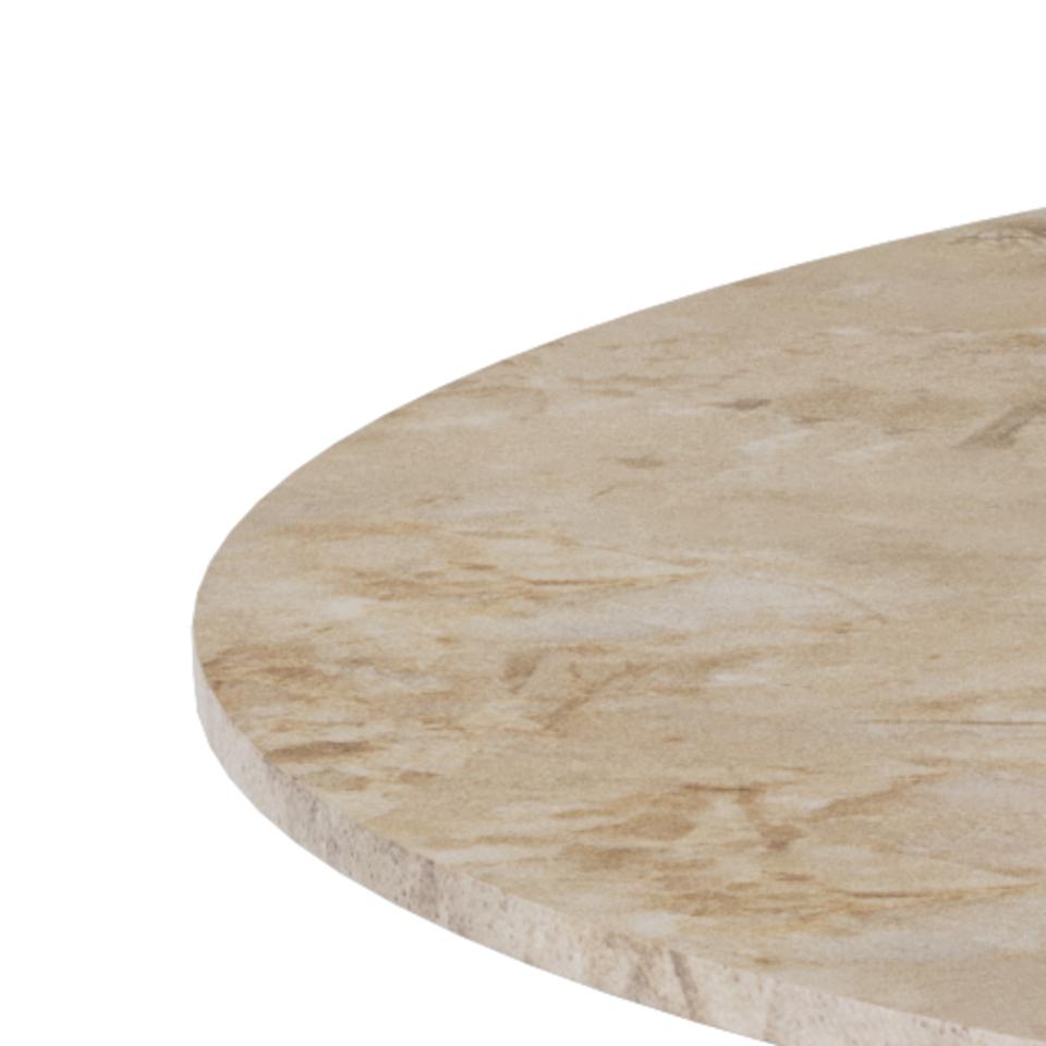 A close-up of a round tabletop with a light beige stone or laminate finish showing natural marbled texture, cropped against a plain white background.