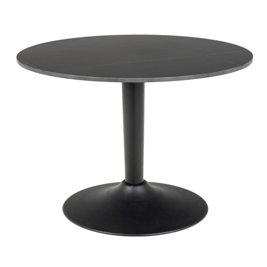 A round black coffee table with a ceramic top and a metal trumpet base.