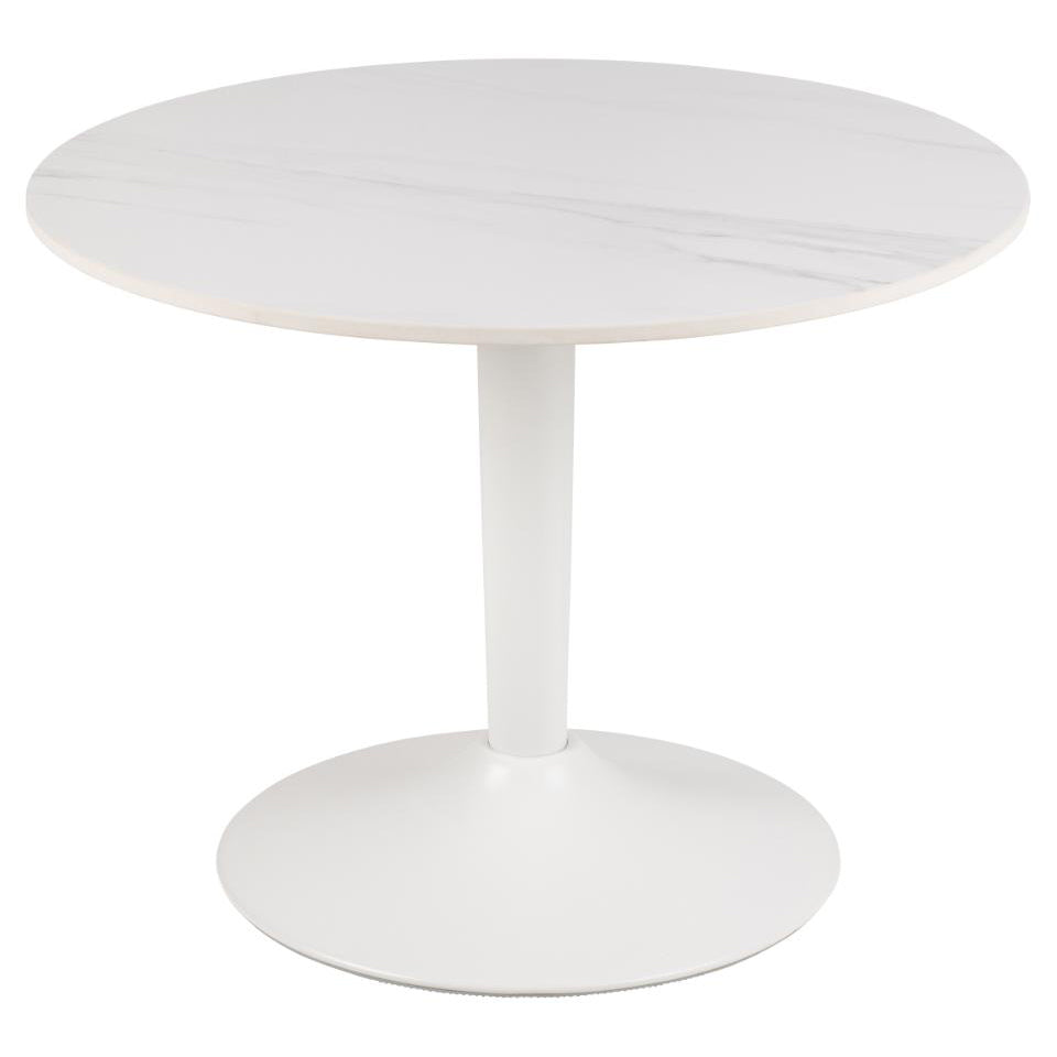 A round white ceramic coffee table with a trumpet base, painted in matte white powder-coated steel, positioned against a white background.