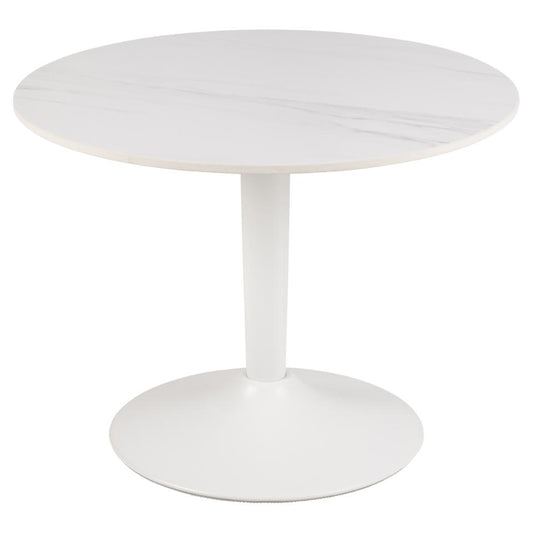 A round white ceramic coffee table with a trumpet base, painted in matte white powder-coated steel, positioned against a white background.