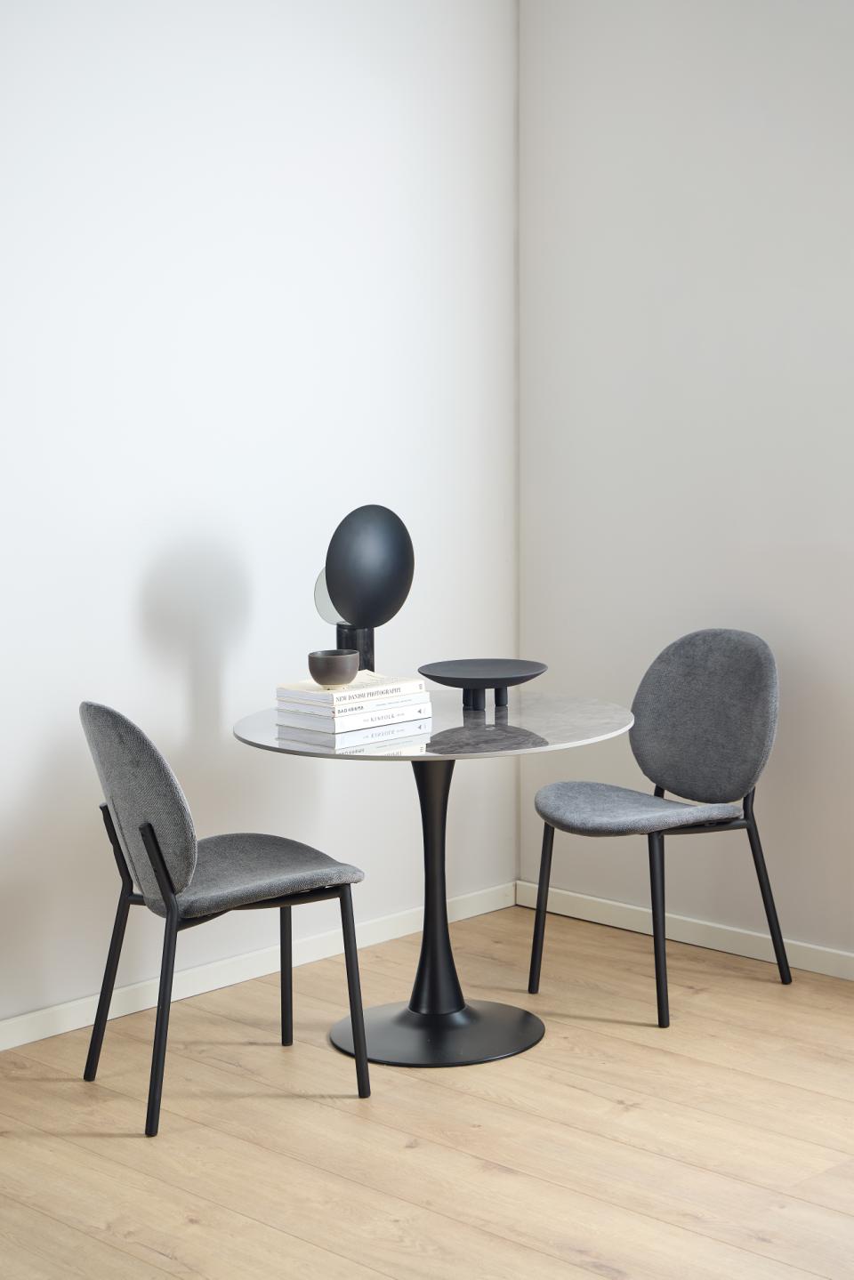 Malta Round Grey Ceramic Designer Dining Table Black Metal Base Marble Look 90x75cm