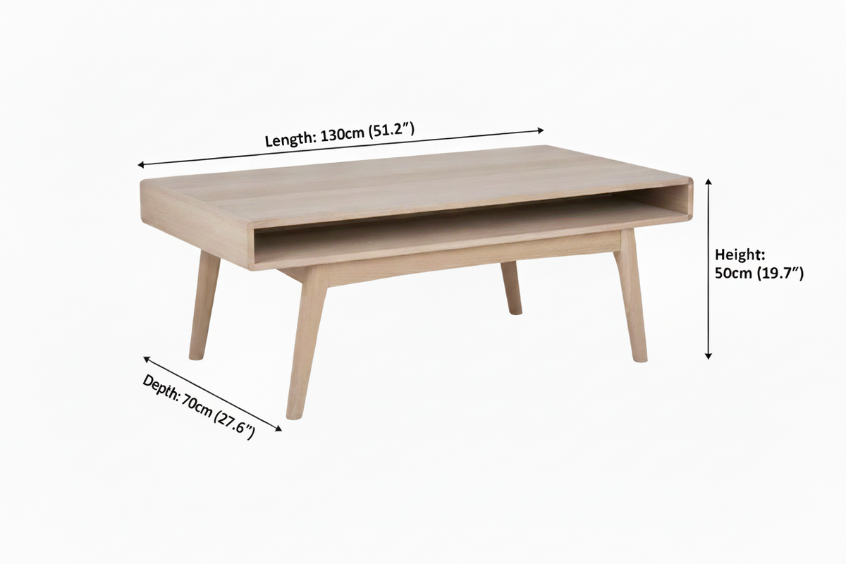 Marte Oak Coffee Table With Compartment Shelf White 130x70cm