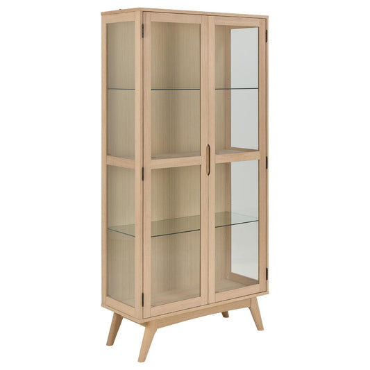 Marte Tall Glass Display Storage Cabinet In White Oak, 2 Glass Doors 3 Shelves 192x40x94cm