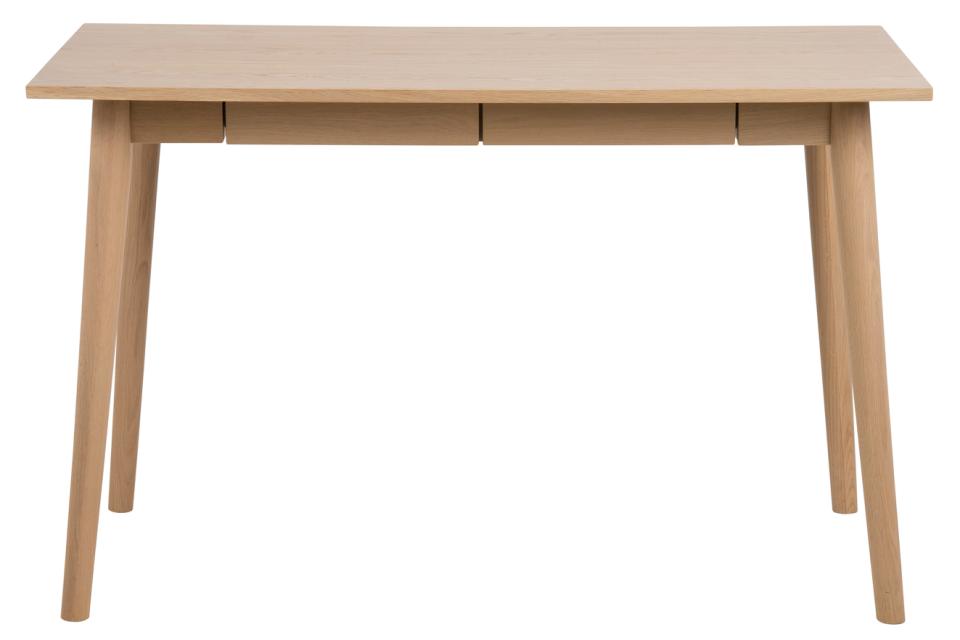 A light natural wood dining table with a rectangular top, three center drawers, and tapered legs, shown against a plain white background.