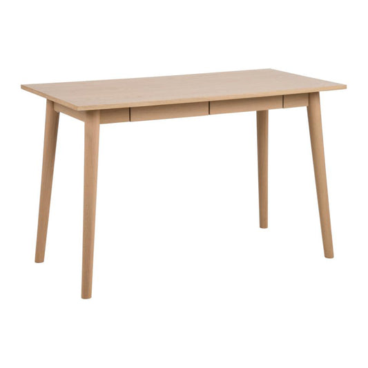 A rectangular office desk with a light oak finish, featuring a tabletop and two drawers, supported by four sturdy round legs.