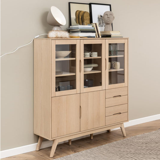 Marte Large Display Storage Cabinet In White Oak With 5 Doors 140x40x148cm