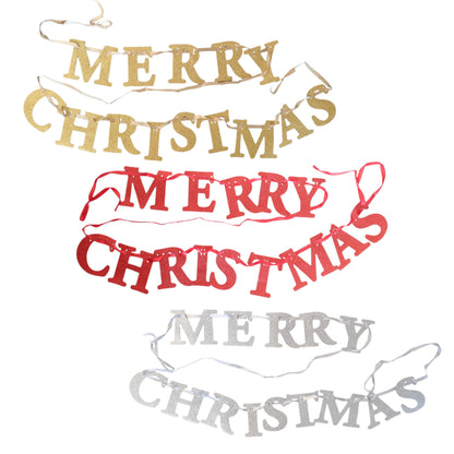 Decorative 'Merry Christmas' text in gold, red, and silver on a white background