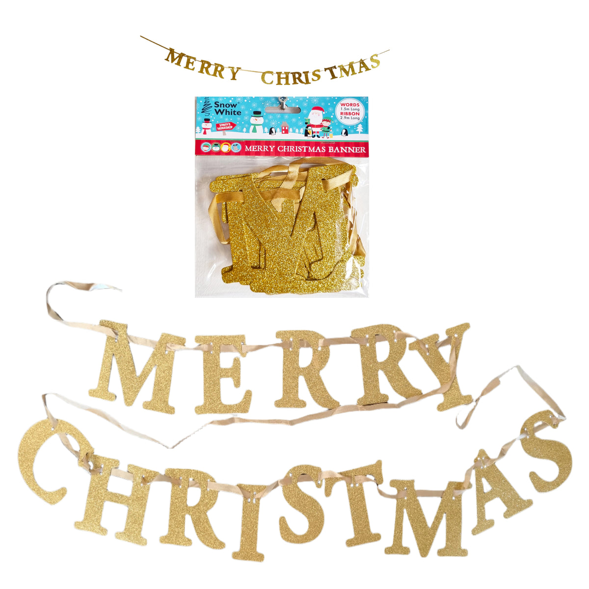 Gold glitter 'Merry Christmas' letter banner shown both assembled and packaged, with a small package card visible above the garland on a plain white background.
