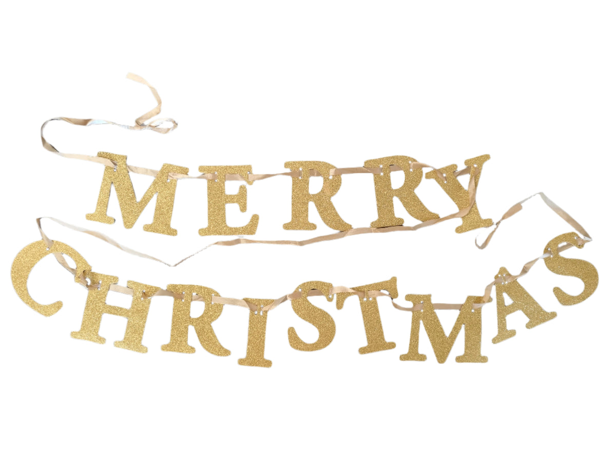 Gold 'Merry Christmas' banner on a white background