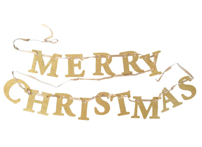 Gold 'Merry Christmas' banner on a white background