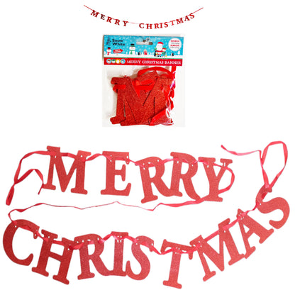 Red glittery 'MERRY CHRISTMAS' banner shown both as a loose garland and in its retail packaging at the top, on a plain white background.