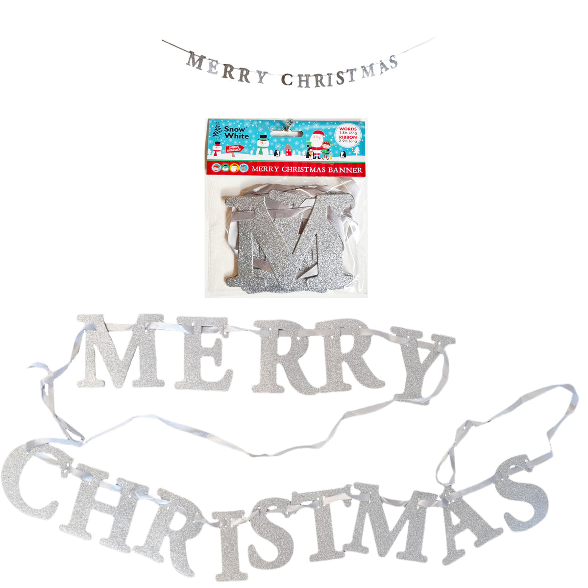 Silver glitter 'MERRY CHRISTMAS' letter banner shown both unpackaged and packaged on a plain white background.