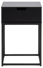 Load image into Gallery viewer, A modern black side table with a single drawer featuring a recessed handle, supported by a minimalist open metal frame base, shown against a plain white background.
