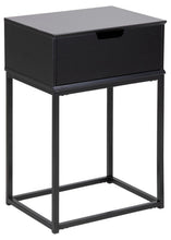 Load image into Gallery viewer, Black side table with a drawer on a white background
