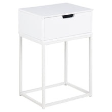 Load image into Gallery viewer, A white single-drawer nightstand with a minimalist metal frame base, featuring a black pull handle on the front of the drawer.
