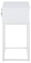 Load image into Gallery viewer, A white modern side table with a single drawer and a slim metal frame, shown against a plain white background.
