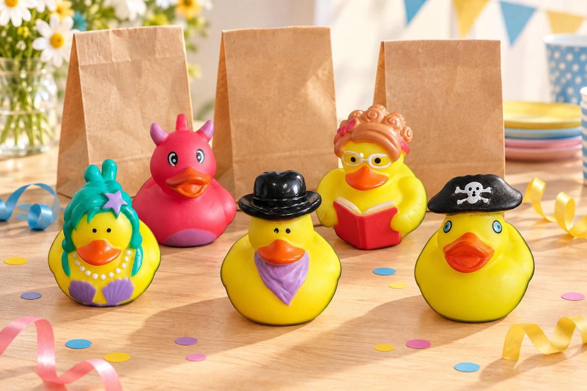 Mixed duck examples beside party bags