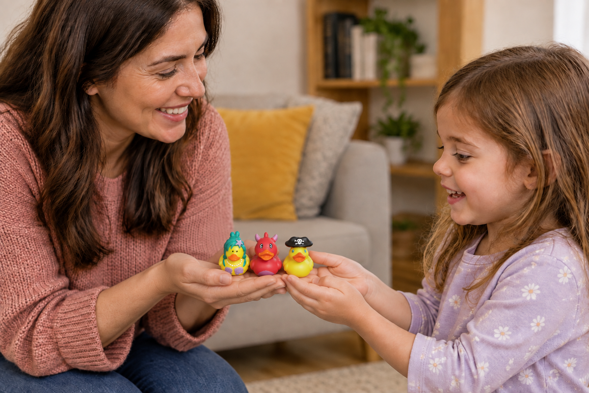 Mother handing three small mixed rubber ducks to her daughter