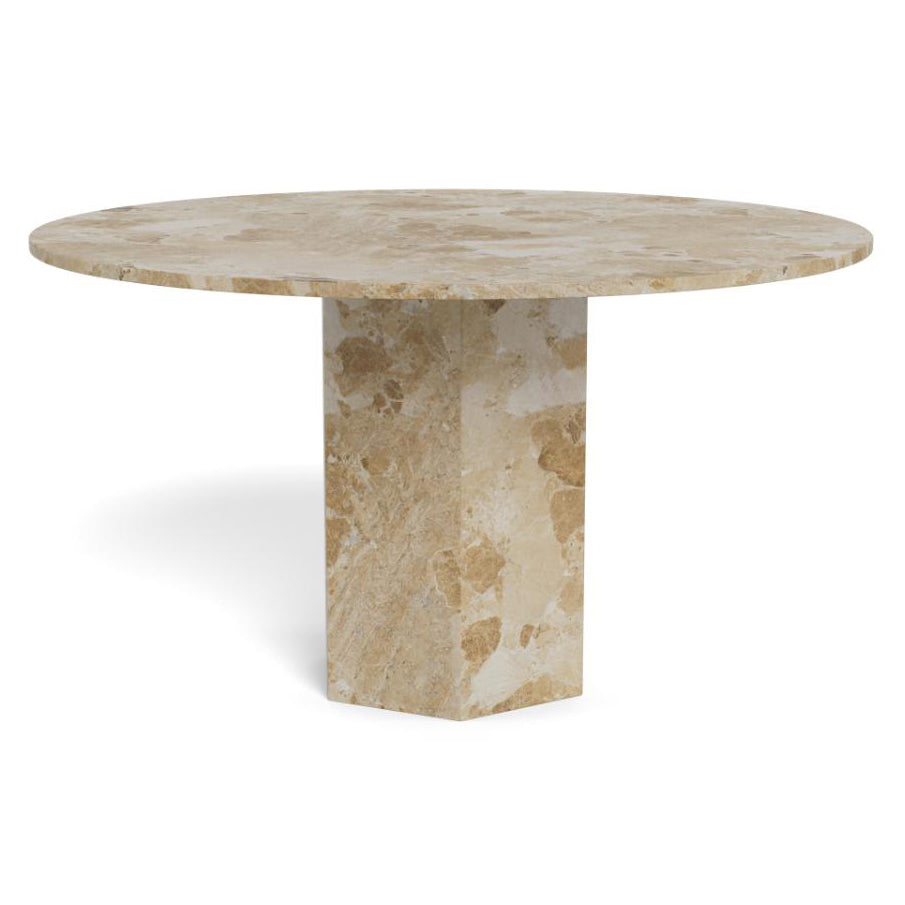 A round dining table made of beige travertine stone, featuring a natural stone top and a matching hexagonal pedestal base, shown on a white background.