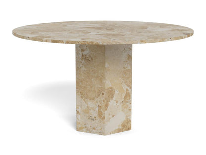 A round dining table made of beige and cream travertine stone, featuring a thick pedestal base and a polished top surface, shown on a white background.