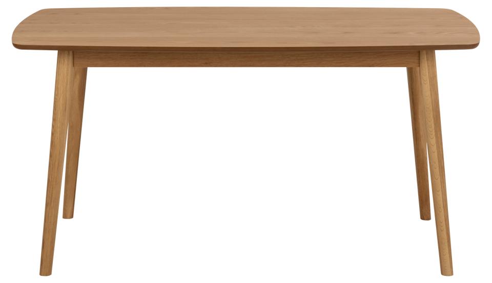A light oak wood dining table with a rounded rectangular top and tapered angled legs, shown against a plain white background.