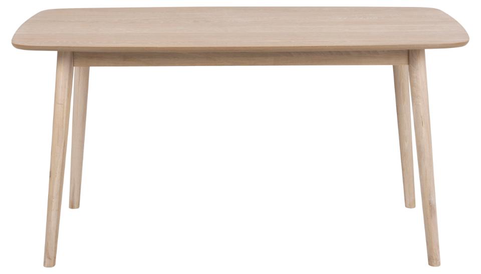 A light natural wood dining table with a rounded rectangular top and four tapered legs, shown against a plain white background.